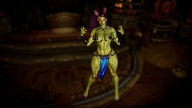 Muscular feral orc queen in bikini armor dancing and flexing her biceps